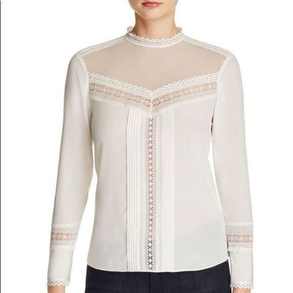Rebecca Taylor Long Sleeve Small Sheer Silk Blend Cream Blouse Size 4 Lace Detai - Picture 1 of 14